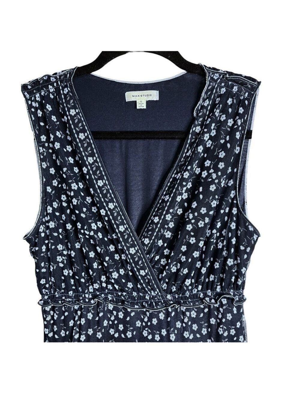 Max Studio V-Neck Sleeveless Mesh Tiered Midi Dress navy blue floral Size Small - Picture 4 of 6